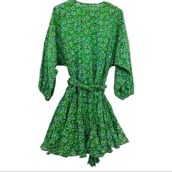 Rhode Ella Green Floral Print Cotton Mini Dress Size Extra Small